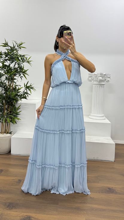 Bebe Mavi Halter Yaka Fırfırlı Özel Tasarım Abiye Elbise